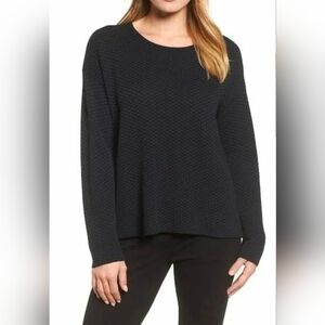 EILEEN FISHER Sweater Jacquard Knit Flyaway Split Back Tencel Navy Blue  Sz XXS